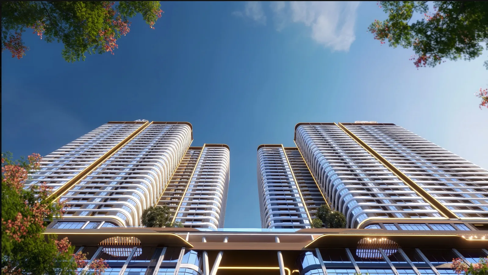 Phối cảnh góc nhìn từ dưới lên hai tòa tháp A&K Tower giữa bầu trời xanh